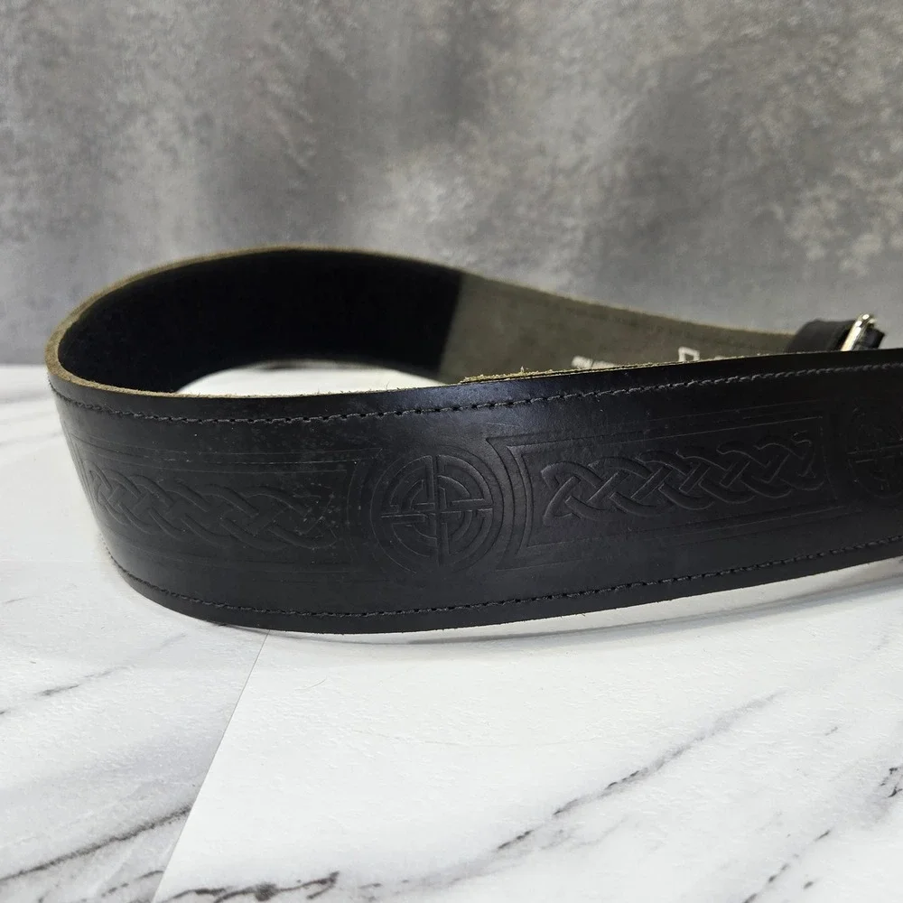 Celtic Knot Embossed Leather Belt Mens Large Black Silver Buckle Western